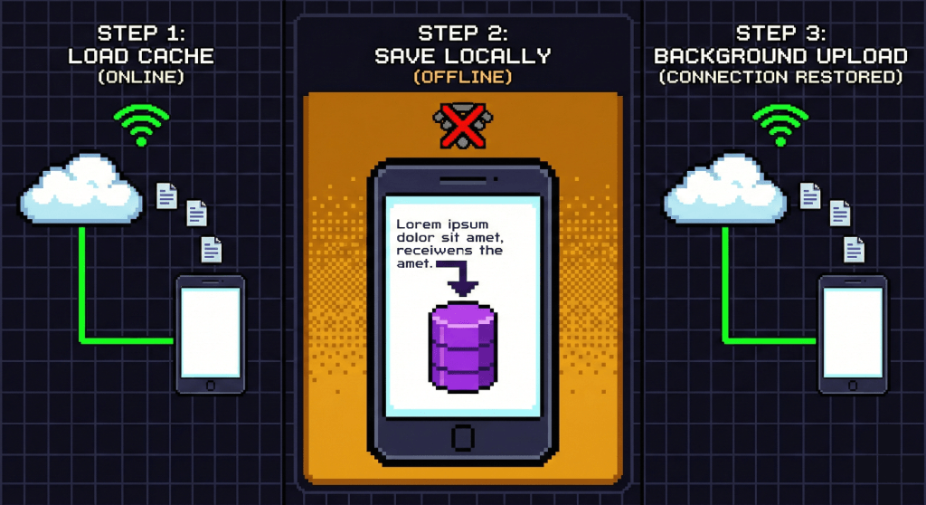 Three steps in pixel art: files loaded from the cloud while online, saved locally with the connection off, uploaded again when it returns