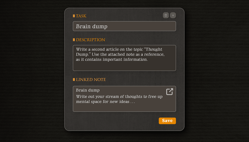 A task card in TaskNote with the note editor open